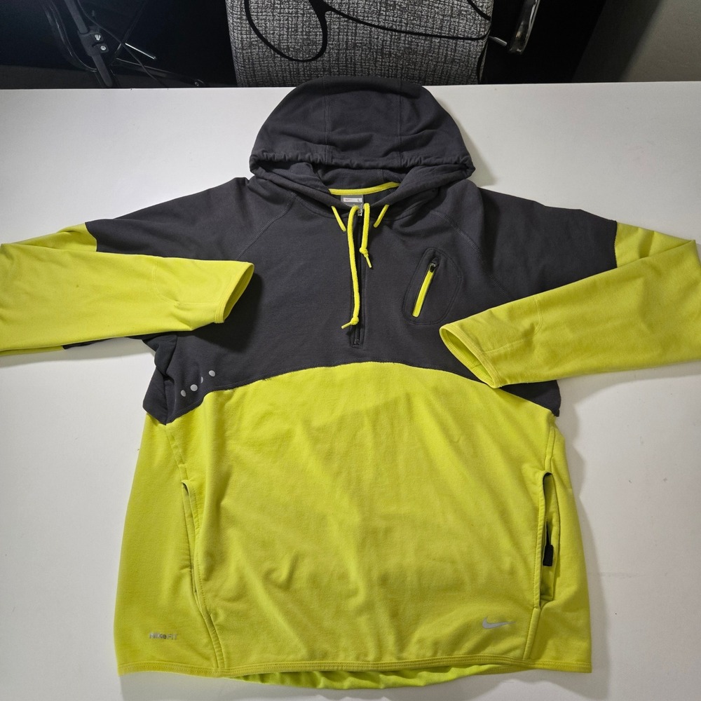 Nike Fit Dry Mens Hoodie Large Gray Neon Yellow Colorblock Half Zip Pullover